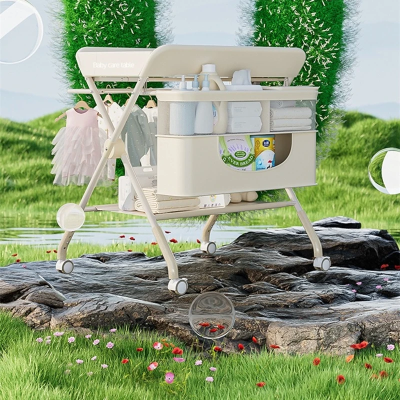 

Foldable Baby Changing Table with Storage Newborn Nursery Furniture with Lockable Wheels Toy Rack Height Adjustment Baby Changer