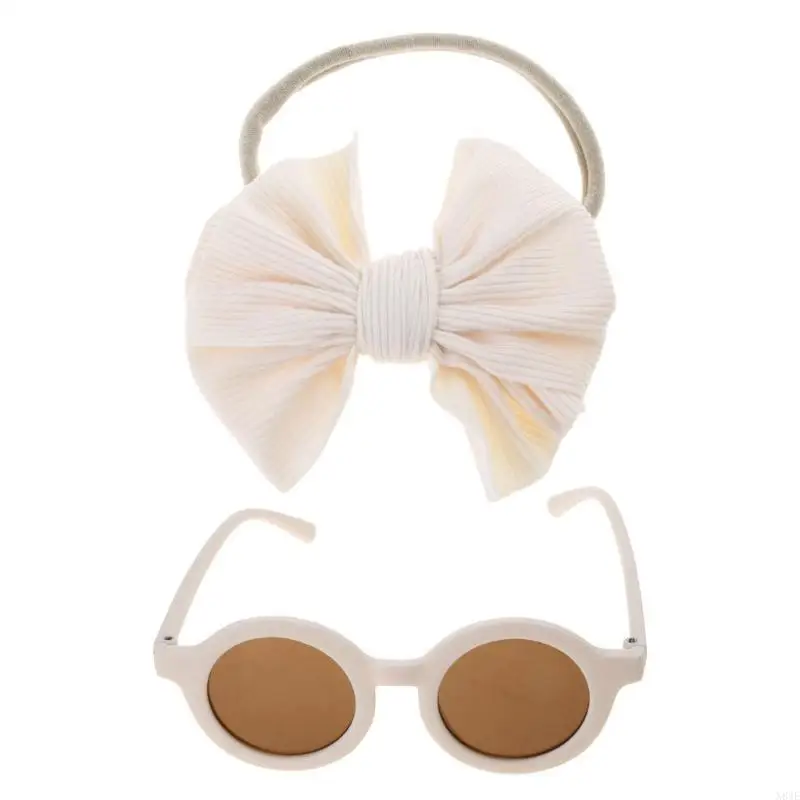 

N84E 2 Pcs/Set Cartoon Baby Headband Sunglasses Set for Travel Kids Children Eyeglasses Elastic Bowknot Hair Band Girls