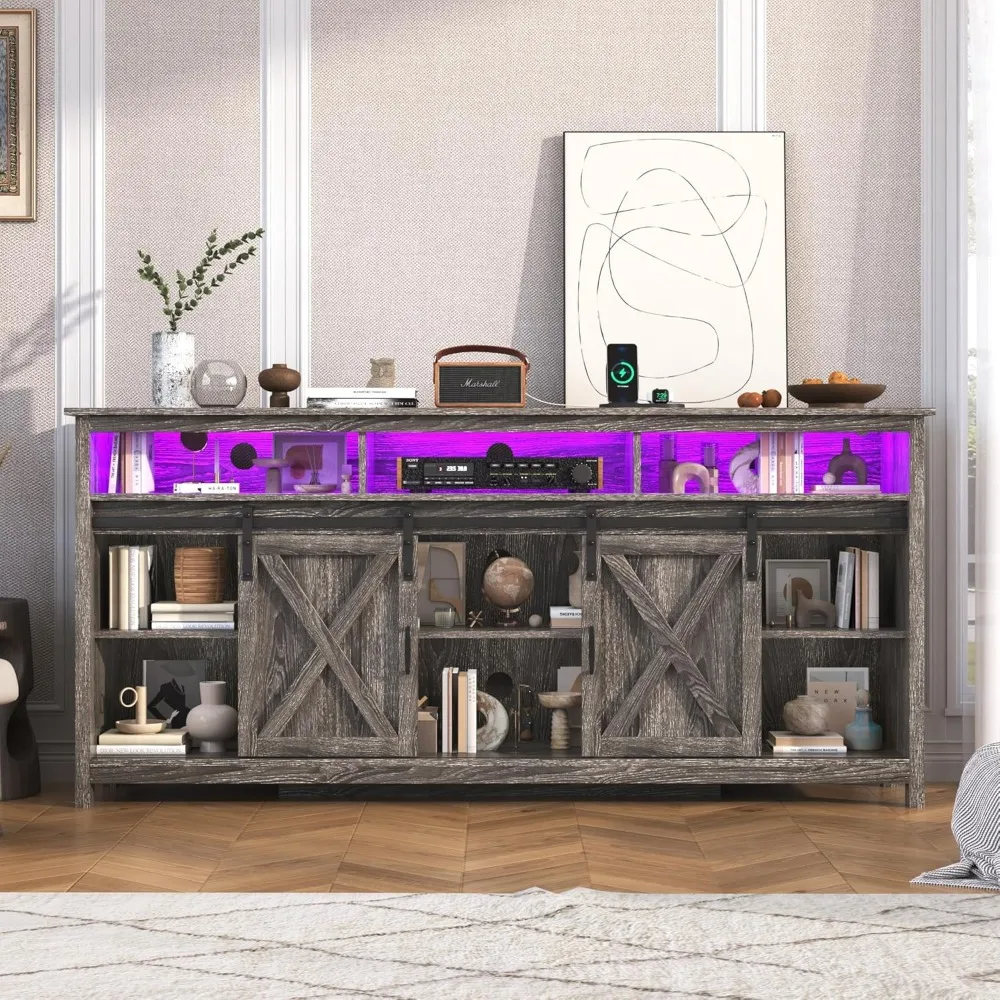 حامل تلفزيون المزرعة لتلفزيون 80/75 بوصة مع مخرج طاقة، مركز ترفيه مع مساحة تخزين وأبواب حظيرة منزلقة، وسائط خشبية #5