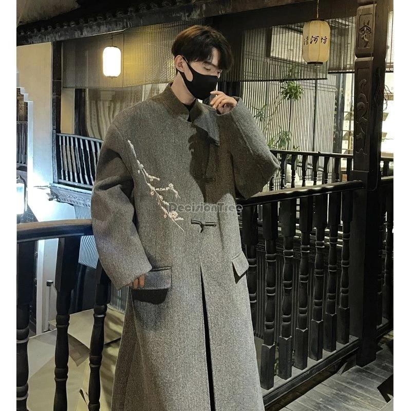 2024 retro embroidery chinese style men coat trendy handsome temperament coat winter thicken long length disc buckle windbreaker