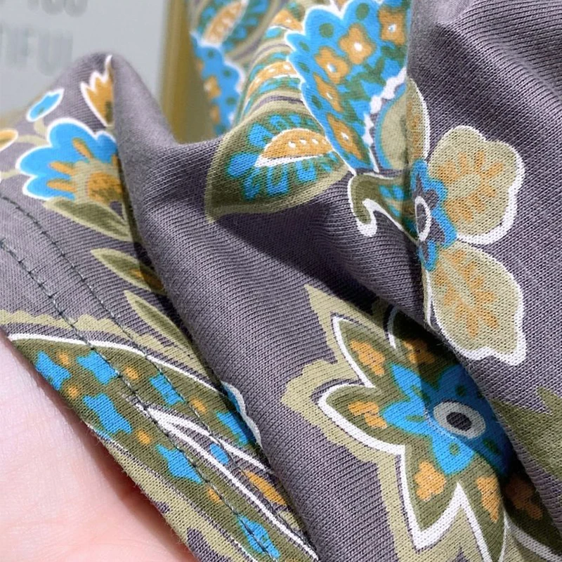 Beige Grau Blumendruck Vintage O-Ausschnitt Kurzarm T-Shirt Damen Bluse Shirt Damen Kleidung Tops Mode Blusen Sommer