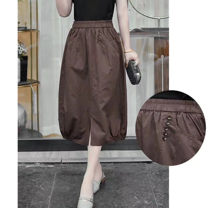 Slimming A-Line Midi Skirt Elastic Waist Flower Bud Design Fashionable Spring Summer New Arrival Women's Premium Half-length ...