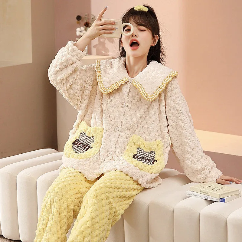 High Grade Pajamas Women Autumn Winter Loungewear Plush Thick Cartoon Cute Sweet Sleepwear Famale Outdoor Home Clothing Sets