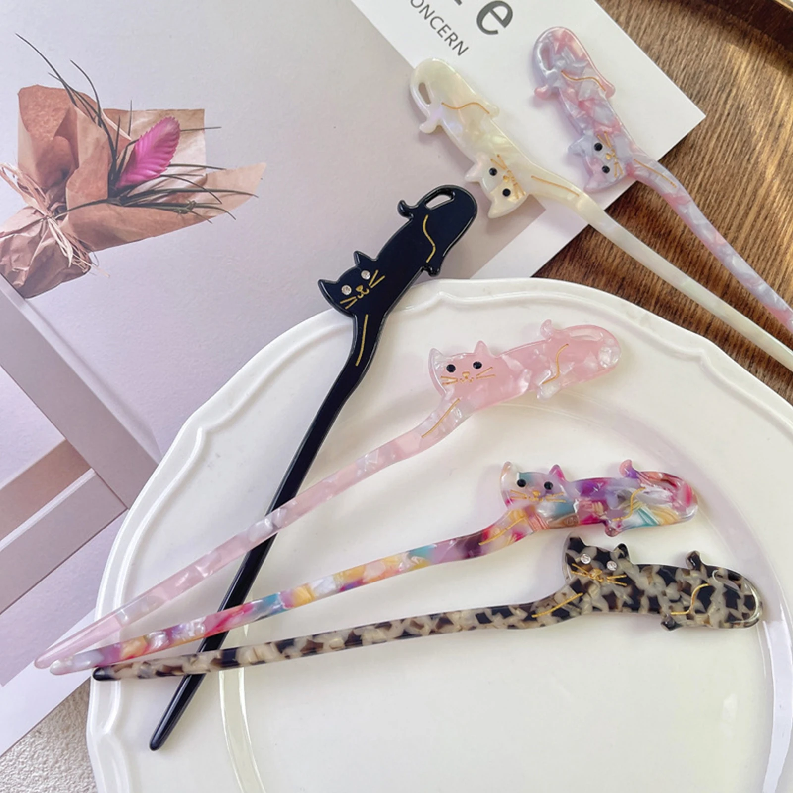 Cute Cartoon Cat Zircon Acetate Hairpin Hair Sticks For Women Girls Fashion Creative Colored Hair Clasp Headwear Hair Accessory