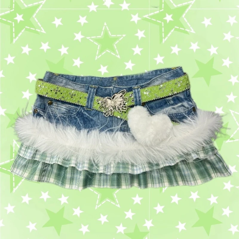 Y2K Vintage Girl Low Waist Green Cute Skirts 2000s Sweet Fur Patchwork Denim Mini Skirt High Street Fashion Party Clothes Summer