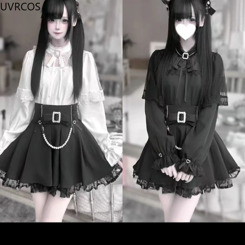Japanese Gothic Y2k Lolita Style Shirt Skirt Set Women Sweet Lace Bow Shirt Kawaii Pearl Mini Skirts Female Fashion Slim Outfitn