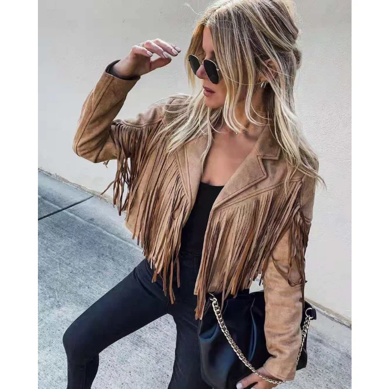 Fashion Winter Jacket Women Y2k Fringed Hem Tassel Cardigan Crop Topsr Jacket Suede Leather Jacket Vintage Streetwear Cool Coat