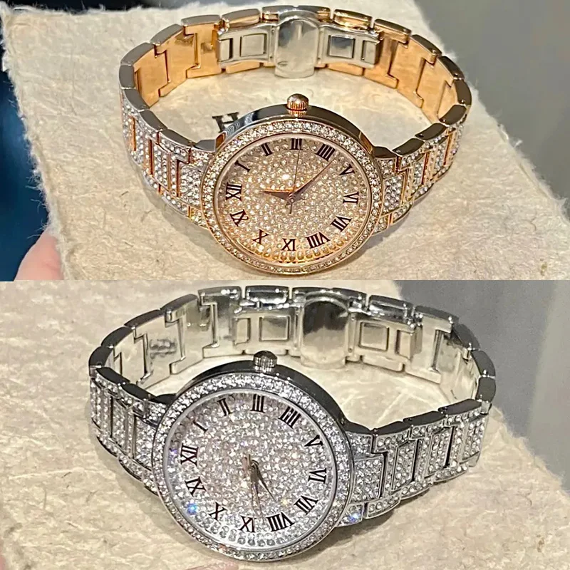 新しいファッション高級フルラインストーン腕時計男性用ヒップホップカレンダークォーツ時計男性腕時計エレガントな腕時計女性用ギフト