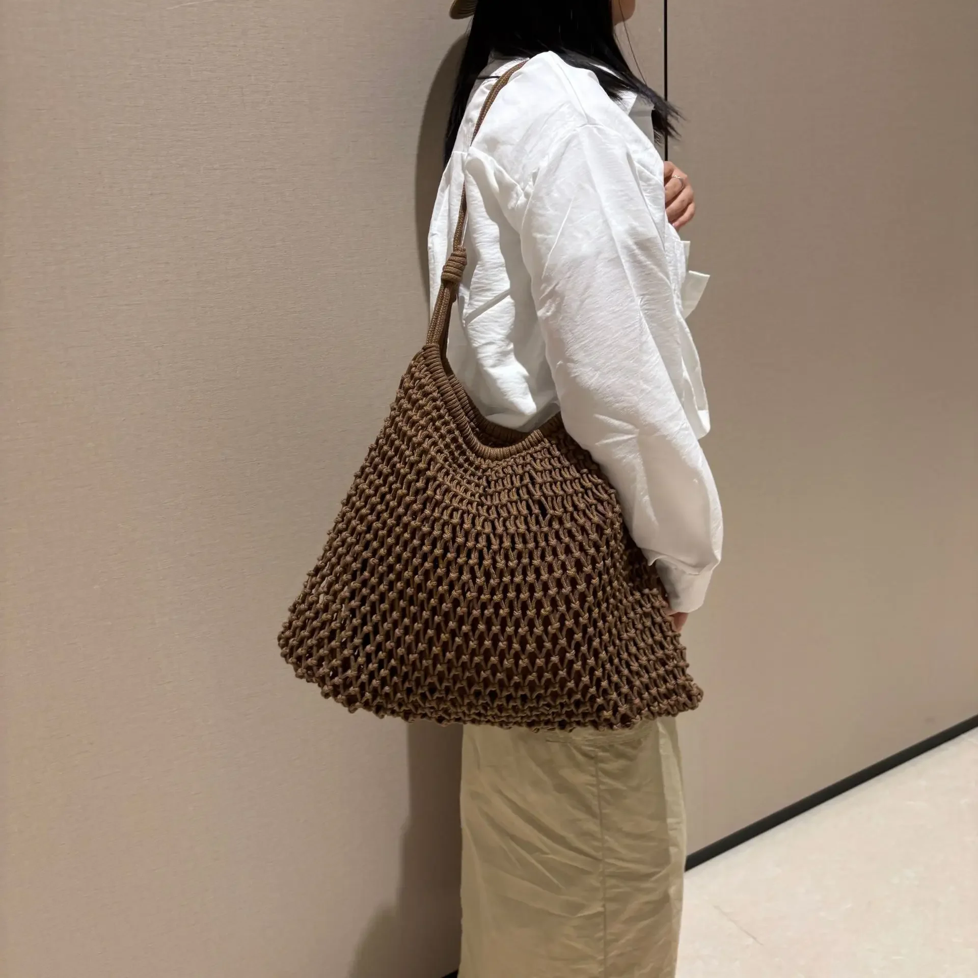 Cotton Thread Hand-woven Fishing Net Including Inner Bag Hollow Shoulder Bag Large-capacity Holiday Wind Beach Storage Bag