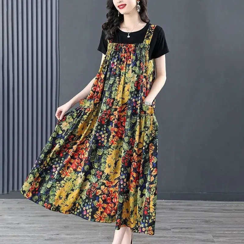 Summer Floral Plus Size Ladies Dresses Short Sleeve O-neck Loose Printing Strap Long Dress Suit Vintage Fashion Women Clothes