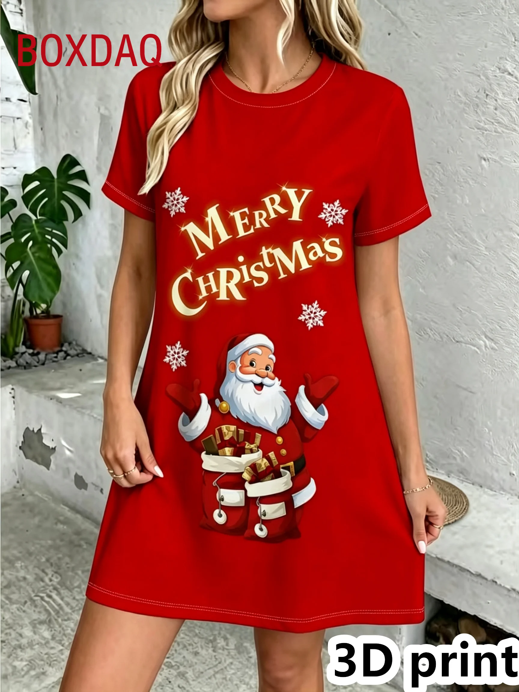 Plus Size Women Christmas Red Snowflake 3D Print Dress Short Sleeve Round Neck Loose Mini Dress Winter Xmas Casual Party Dress