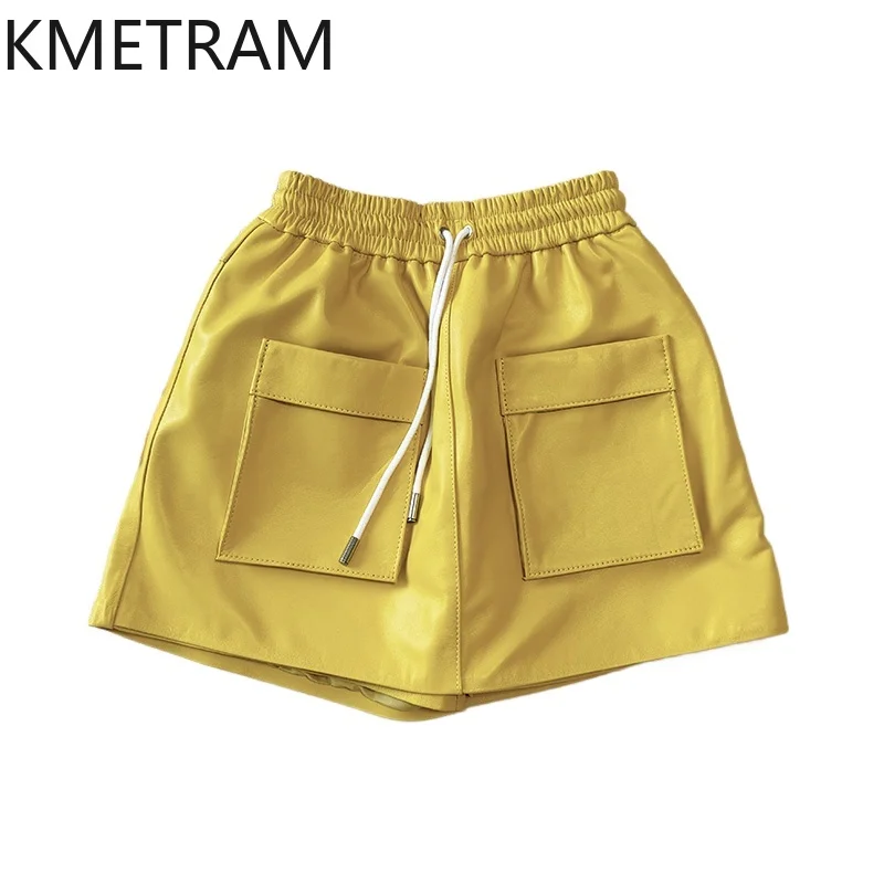 KMETRAM 100% Top Layer Sheepskin Shorts for Woman High Waisted Genuine Leather Shorts Skirts 2025 Autumn Women' S Clothes шорты