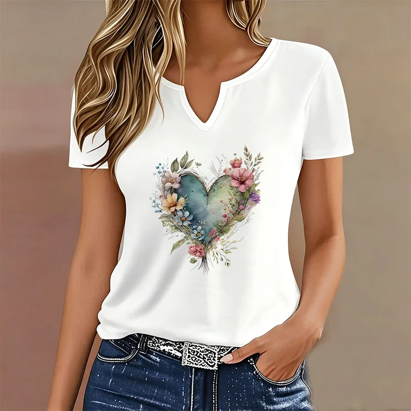 Fashion T-shirt V Neck Casual Y2k Flower Printed T Shirts Women Short Sleeve Tee Shirt V-Neck Summer Spring