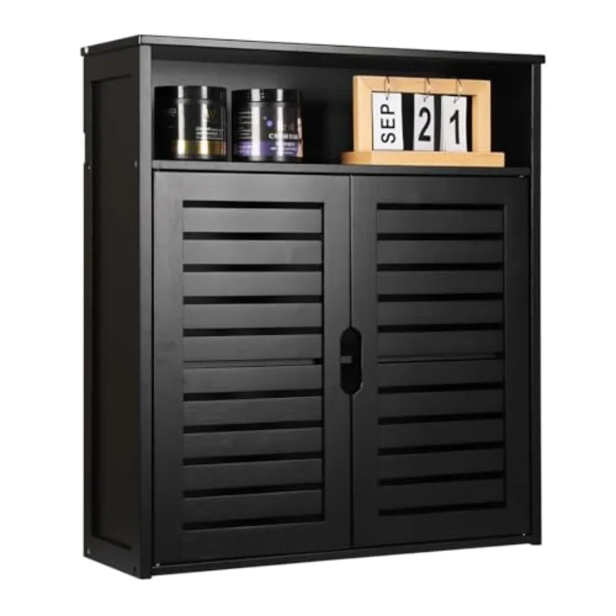 

Wall-Mounted Black Bathroom Cabinet with Double Doors Bamboo Storage Shelf Organizer for Kitchen Living Room or Bathroom