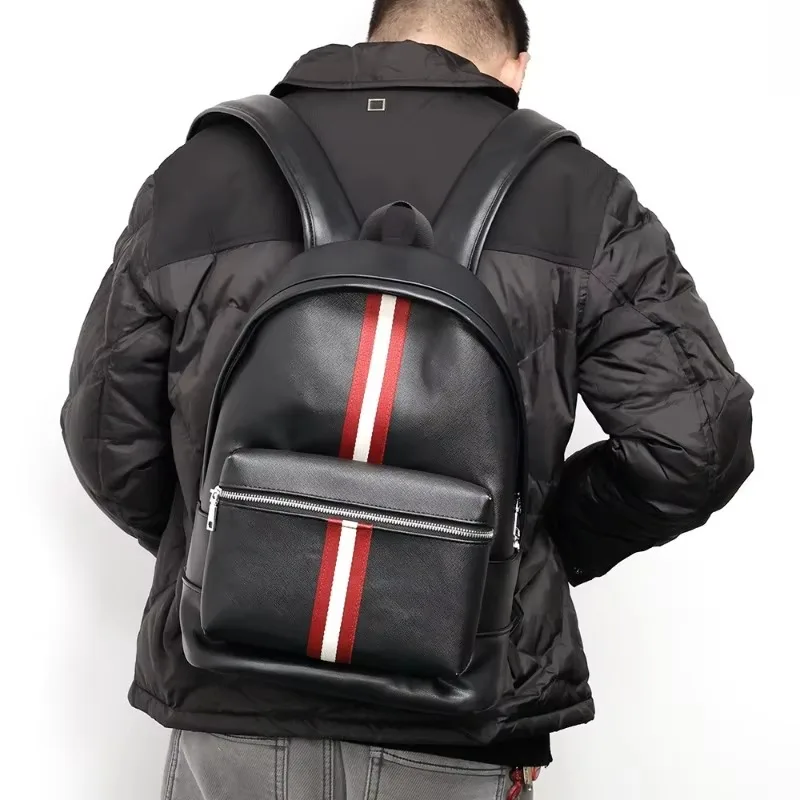 New Casual Backpack Men Fashion Striped Travel Backpacks Large Capacity Laptop Bag Soft PU Leather Backpack Student School Bags