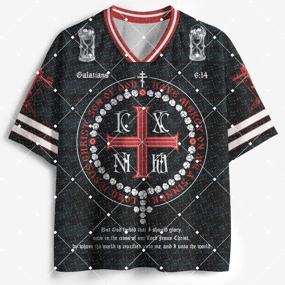 Gothic V‑Neck Jersey T‑Shirt Skull Cross Bible Verse Print Short Sleeve Striped Cuff Dark Punk Streetwear Hip‑Hop Oversized Tee