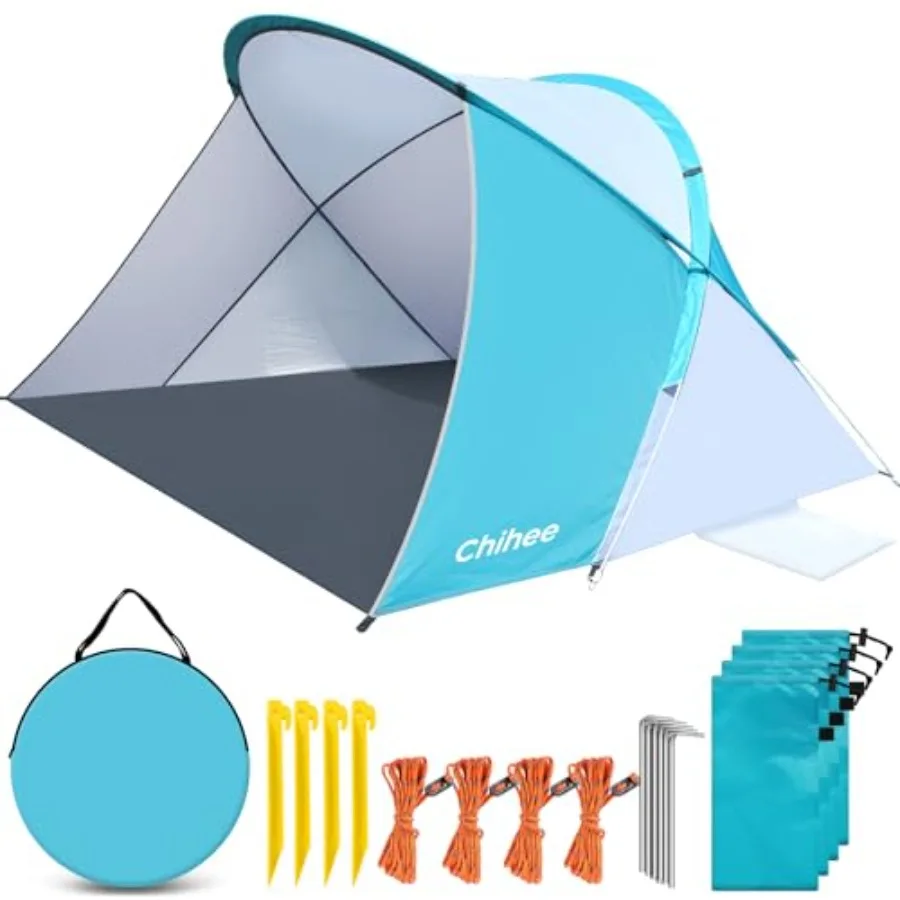 

Pop-Up Beach Tent for 1-2 Person UV Protection Silver Coated Fabric Portable Sun ShelterCrossed Fiberglass Poles Windproof Sand