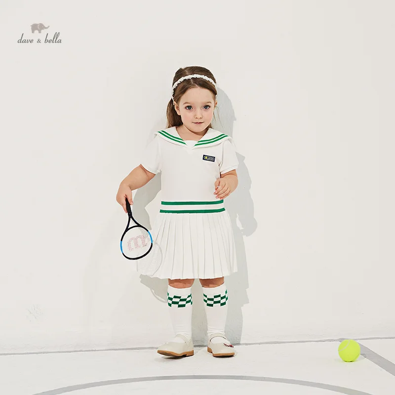 Dave Bella Girl's Children's New Baby Knit Antibacterial Naval Style Pleated Casual Summer Dress Outdoor Sport DK2234823