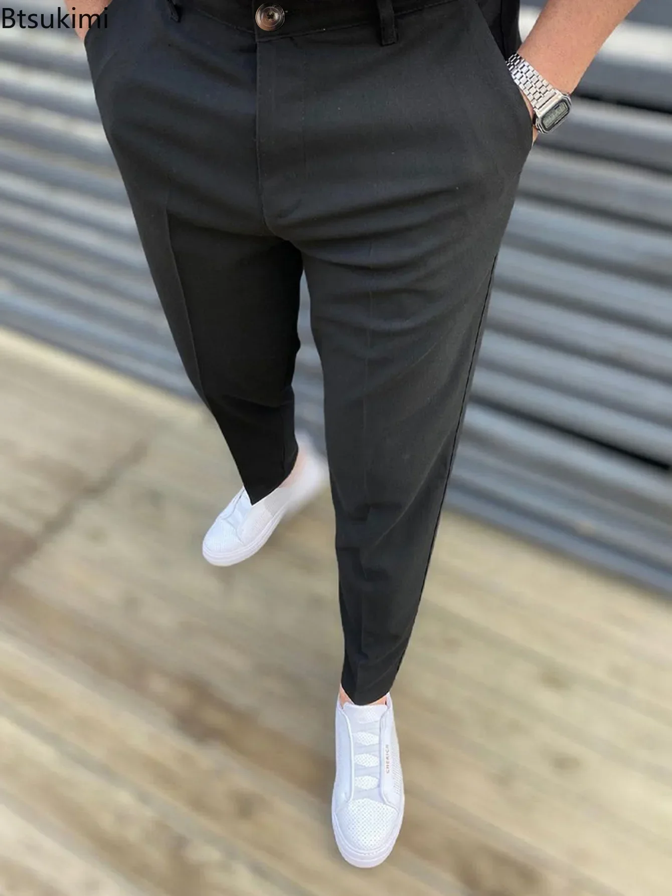 Hot Sale New Men\'s Casual Pants Fashion Solid Mid Waist Pencile Pants Business Office Social Trousers Male Slim Daily Wear Pants