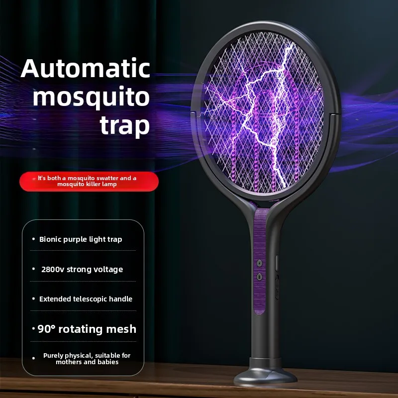 Electric Mosquito Racket With UV Light 2 In 1 Rechargeable Bug Zapper Telescopic Handle 90 Degree Rotating Head