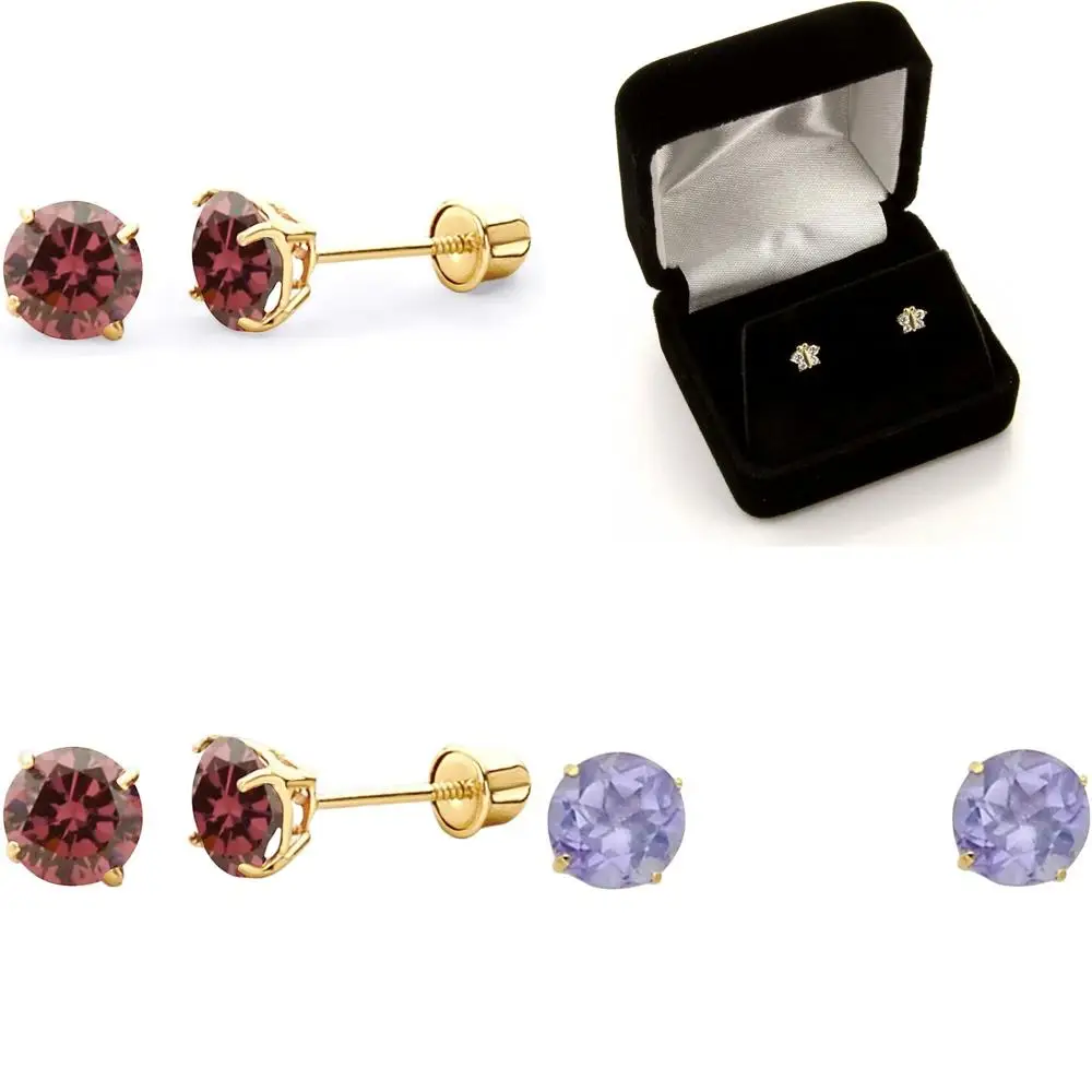 Pendientes de botón solitarios redondos de oro amarillo auténtico de 5 mm con engaste tipo cesta y cierre de rosca