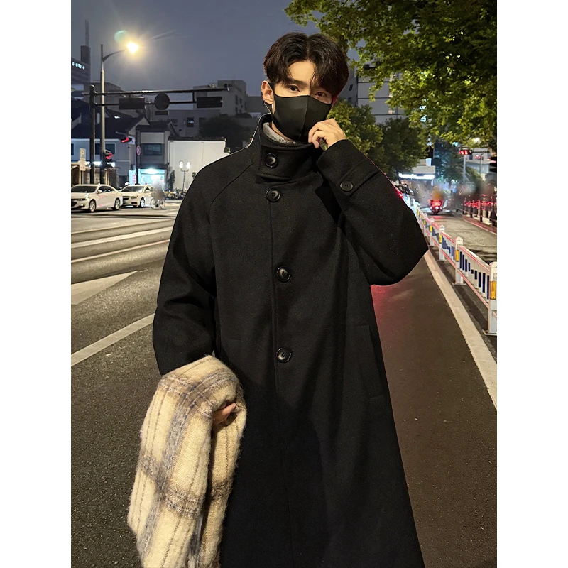 

2025 NEW Winter Men Imitation Wool Overcoat Stand Collar Mid Long Single Breasted Windproof Warm Coat Fashion Outerwear