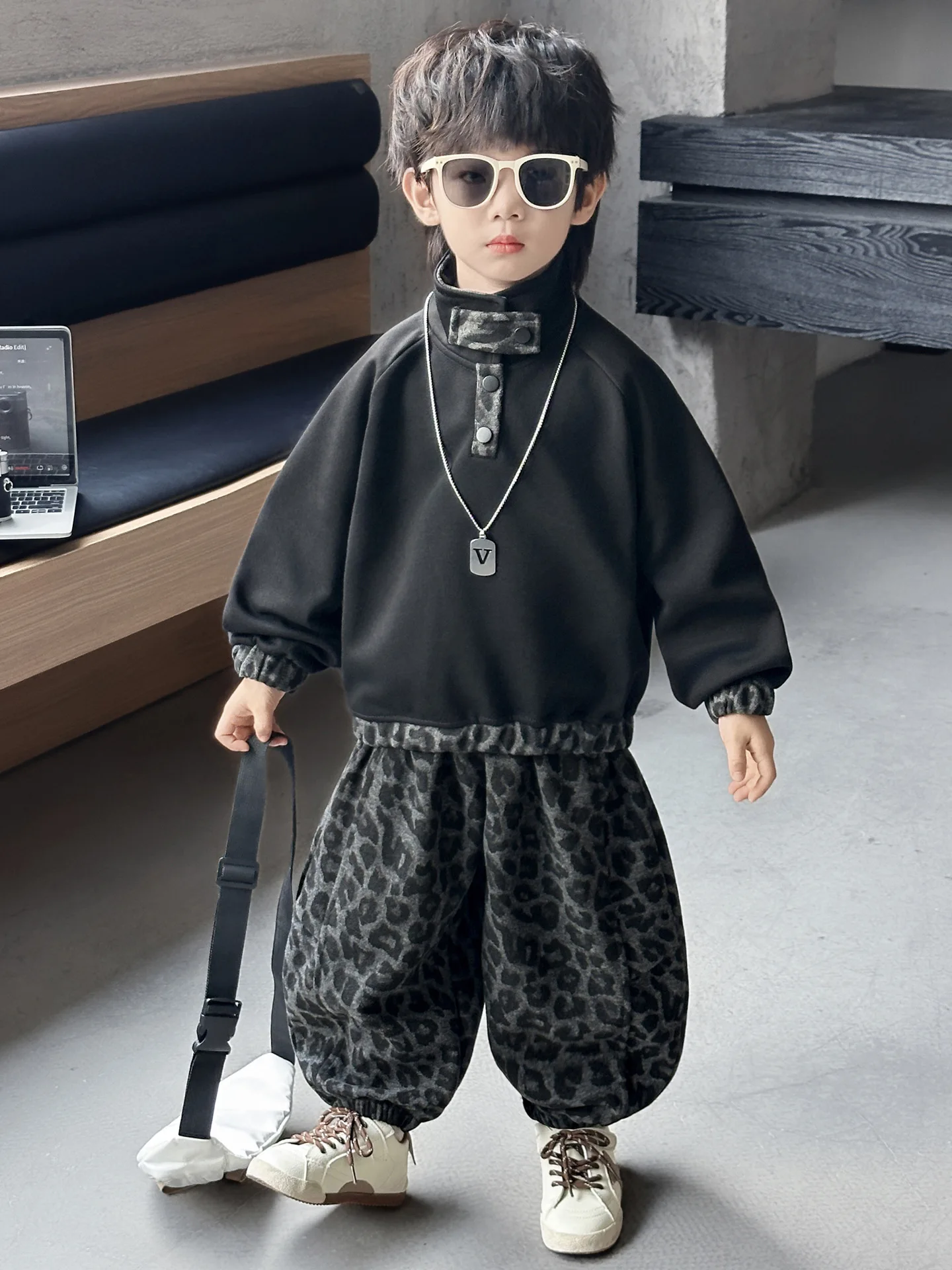 Children Outfit Boy Clothes Set Cotton Kids Patchwork Sweatshirt + Leopard Pants 2pcs/Set Fashionable Boys Streetwear 2-11 Years