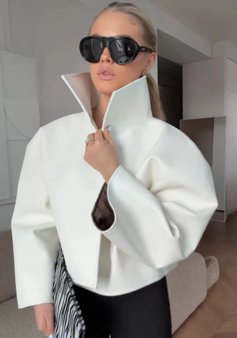 Chic Women White Oversized Jacket High Neck Hidden Placket Drop Shoulder Loose Short Coat with Contrast Trim