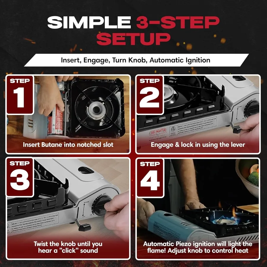 Fornello da campeggio portatile butano da 15000 BTU + 4 contenitori butano da 8 once Bruciatore da stufa portatile con doppia protezione antivento con accensione piezoelettrica per Eme