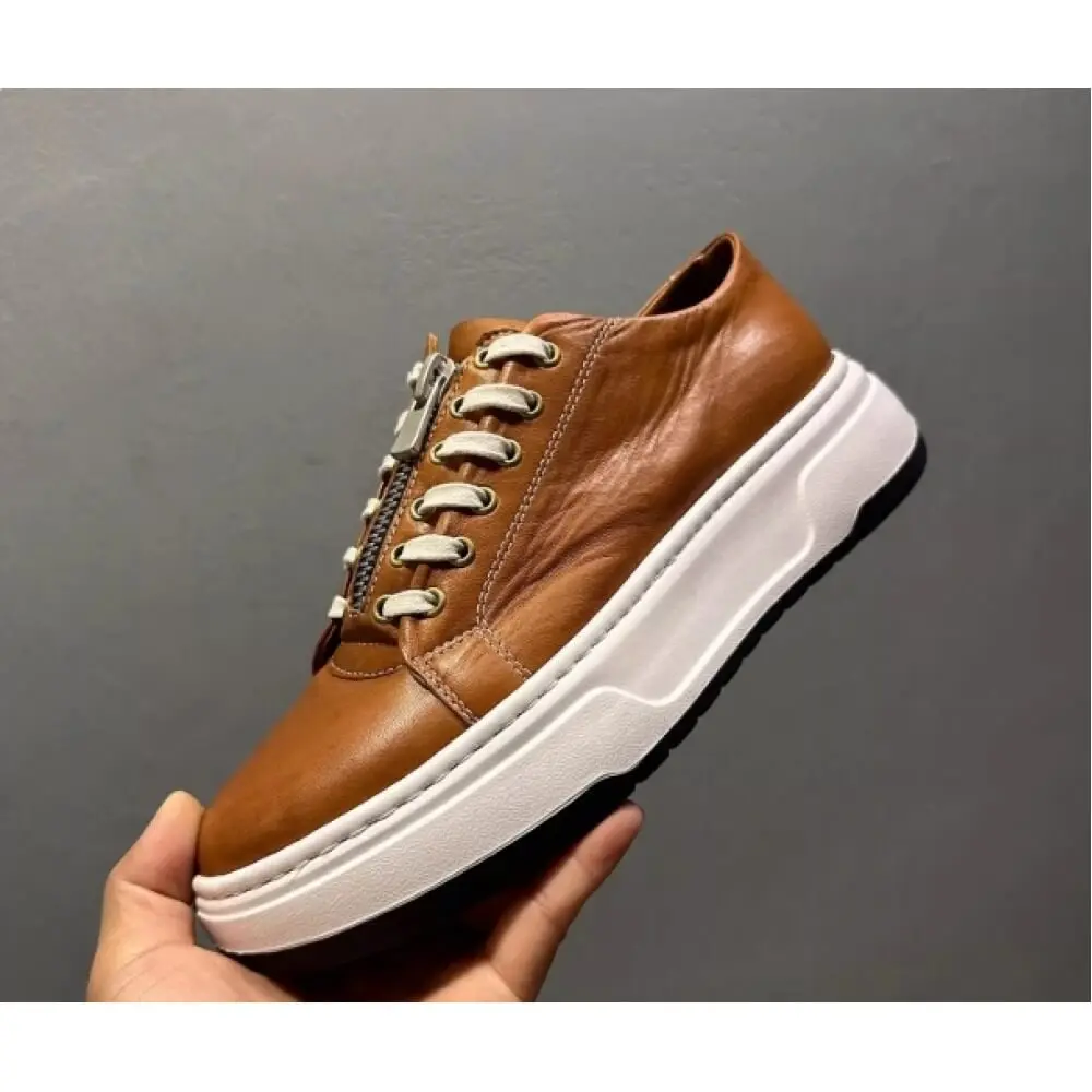 Premium Cognac Leather Zip-Up Sneaker – Handcrafted Comfort, Modern Style