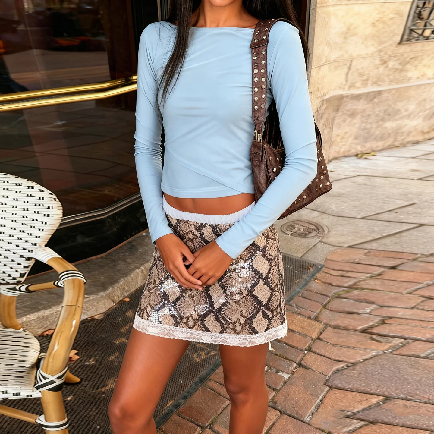 مثير الأفعى نمط مطبوعة حبة الورك تنورة المرأة الدانتيل الربط مثير تنورة قصيرة على شكل حرف A #2