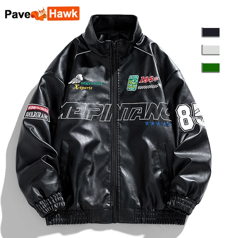 

Bomber Leather Jacket Men Women Hip Hop Letter Embroidery Motorcycle Loose Baseball PU Coat Casual Street Racing Outwear 2023