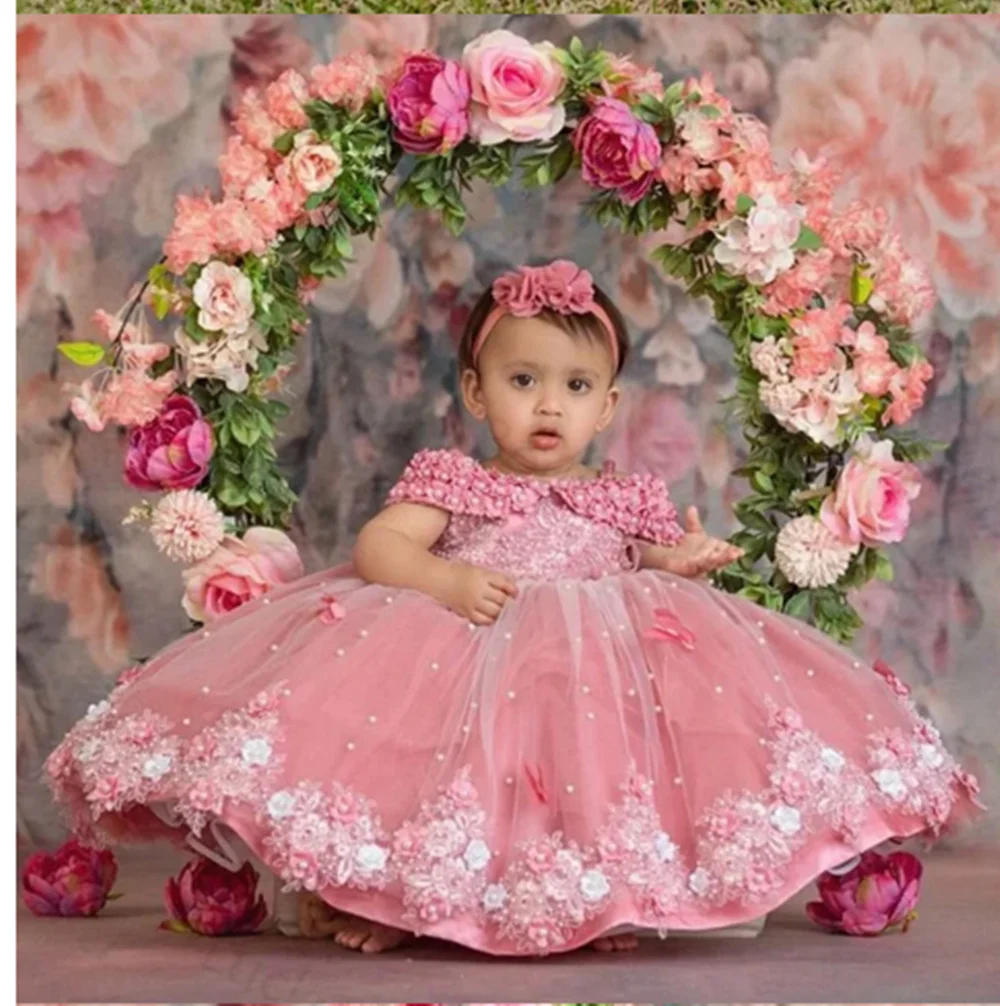 Flower Girl Dresses Sequin Applique Bow Wedding Party Ball Gown Full Sleeve Birthday Pageant Robe