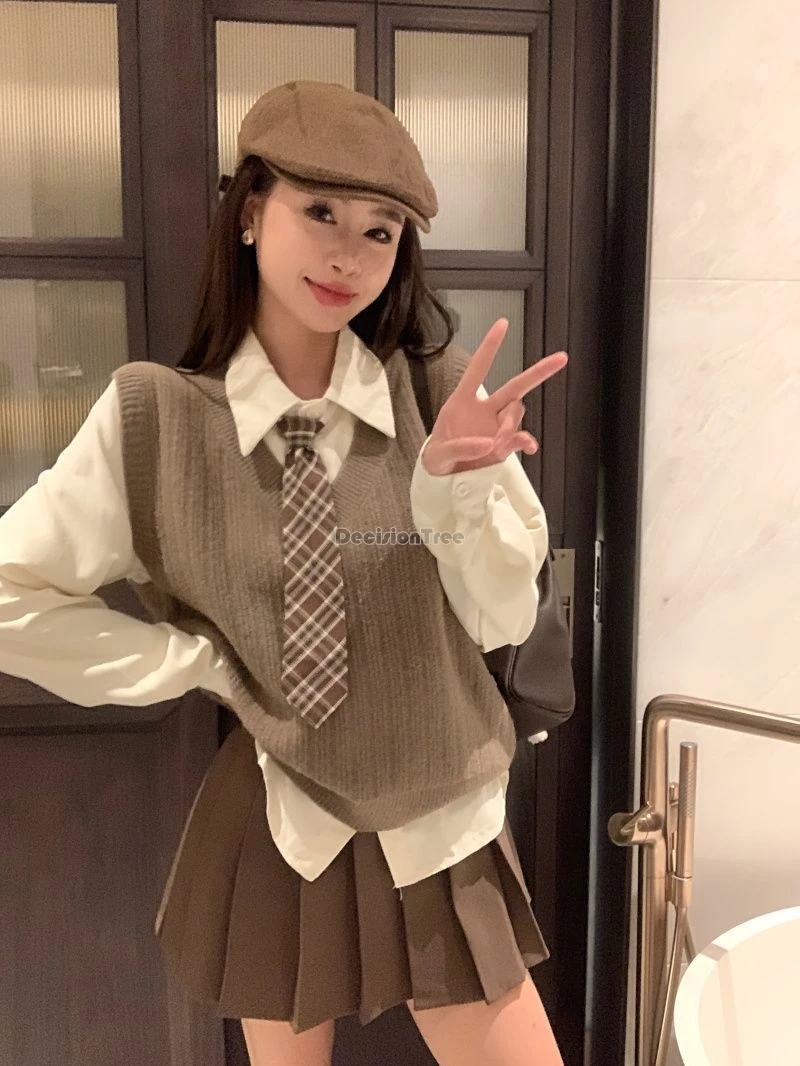 2025 new korean japan school uniform style v-neck knitted vest waistcoat shirt pleated half skirt three-piece daily loose jk set