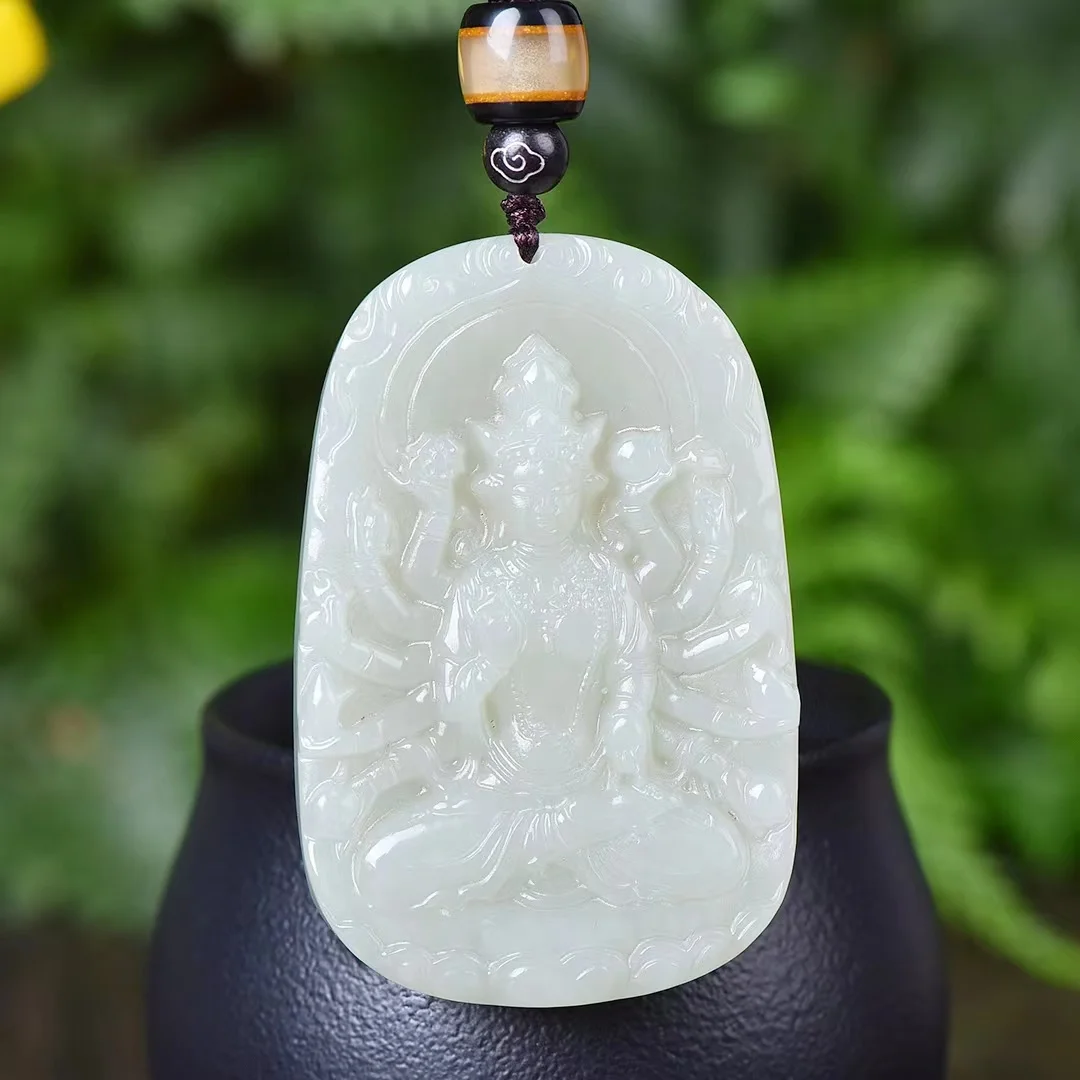 Hotan White Jade Thousand-Armed Avalokitesvara Pendant Ornaments 4092#