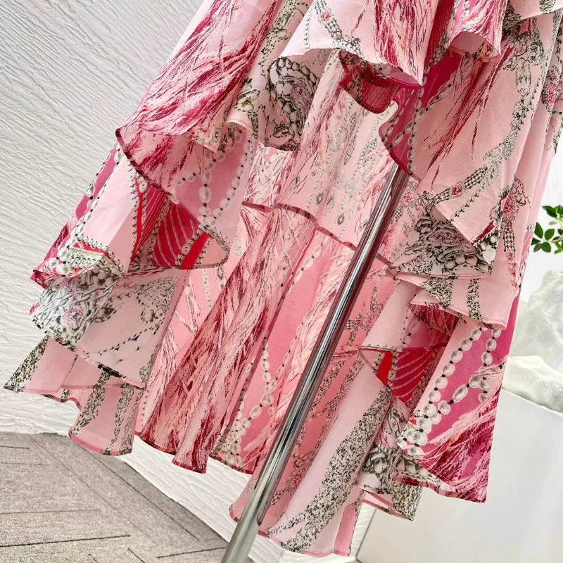 Mini vestido estampado com flores cor de rosa, gola V profunda, manga curta, diamantes, bainha irregular, moda verão, nova chegada, 2024