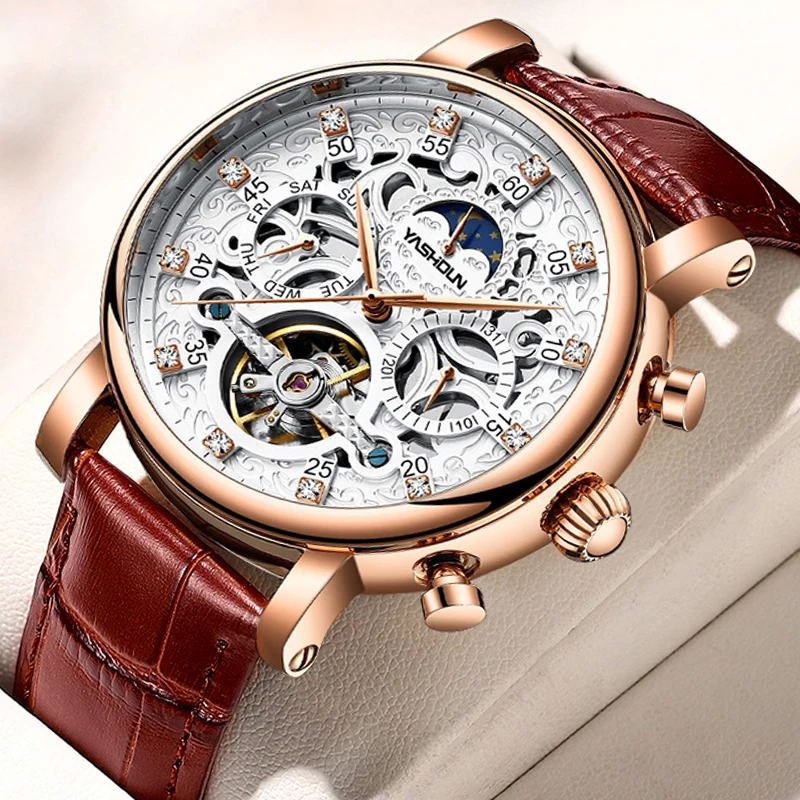 

Модные мужские часы, автоматические механические наручные часы с кожаным ремешком, водонепроницаемые светящиеся часы с фазой Луны для мужчин, Reloj Hombre