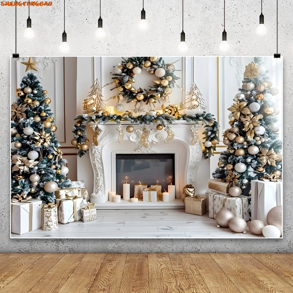 White Snow Christmas Backdrop Xmas Tree Fireplace Interior Merry Christmas Winter Family Kids Portrait Photography Background