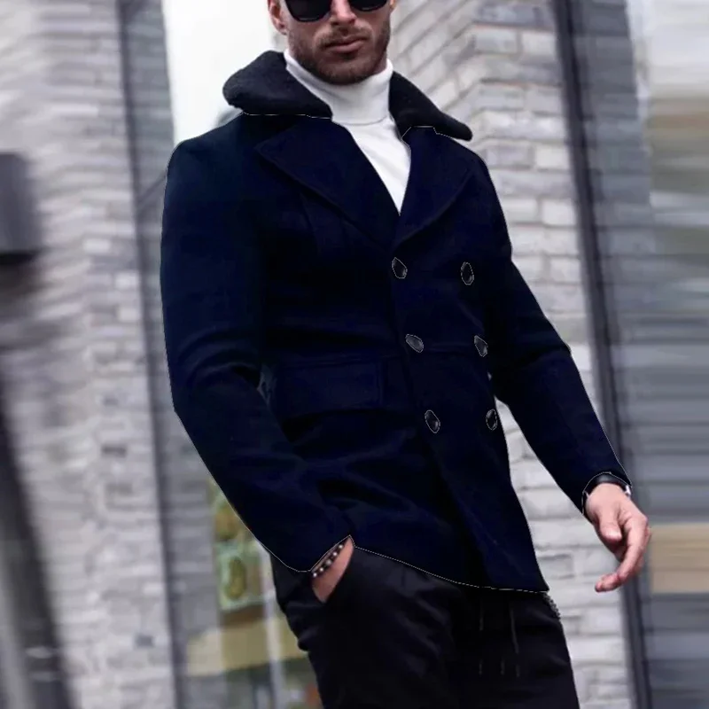 

Autumn Winter 2023 Men's Casual Long Sleeve Wool Collar Coat Fashion Solid Single Breasted Suit Coat Men Slim Short Woolen Coats