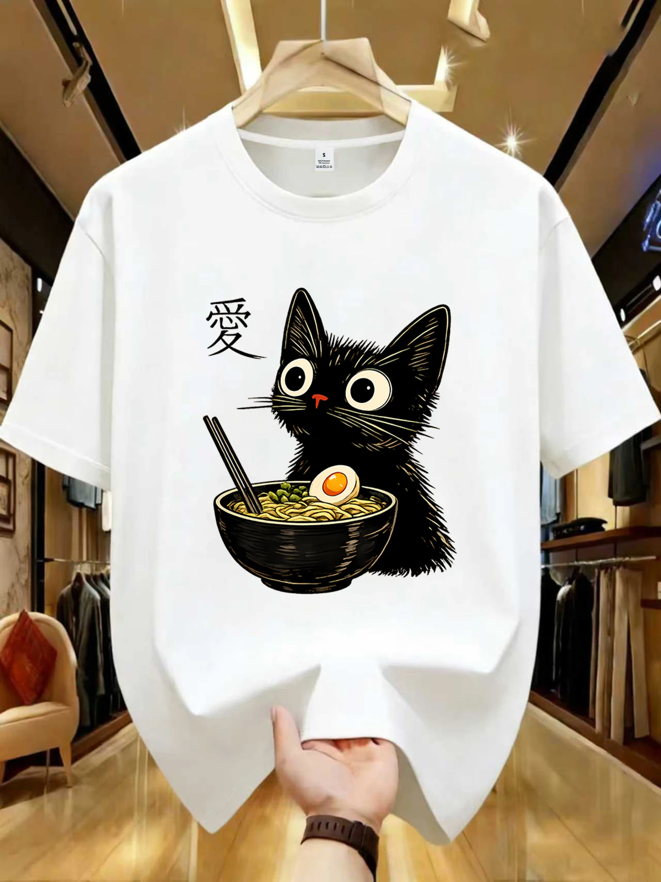 【WZM10630】Kitten eating Lamian Noodles printed women's round neck T-shirt summer casual short sleeve top street fashion