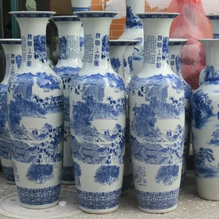 Floor to ceiling vase Jingdezhen blue and white porcelain big ceramic large vase Hotel living room Chinese Style decoration Home