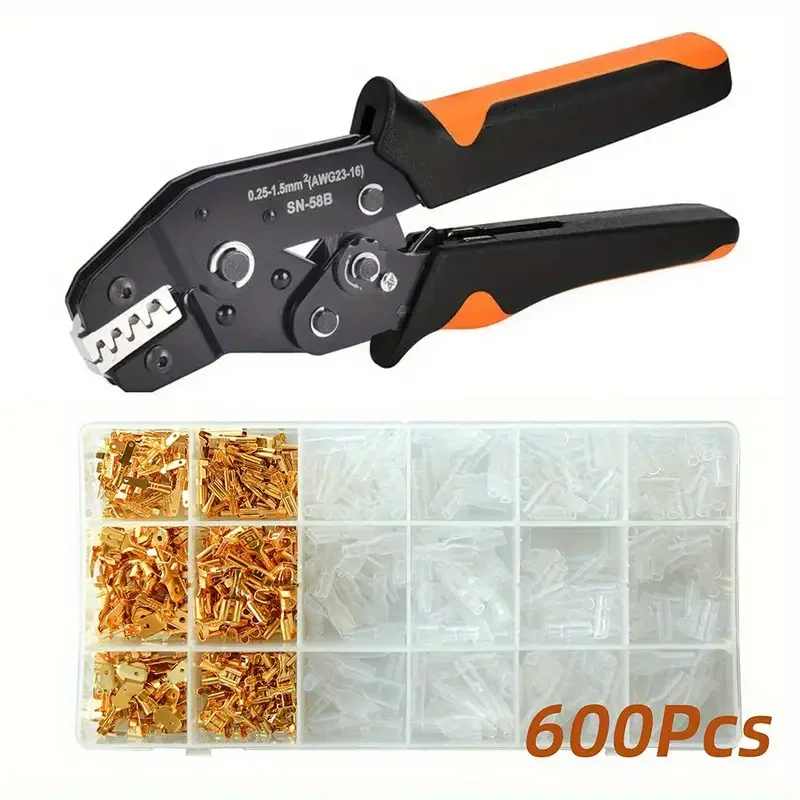 Zestaw szczypiec do zaciskania przewodów SN-58B, narzędzie do zaciskania 0,25-1,5 mm² 23-16 AWG z 300 szt. złączek widełkowych i 300 szt. tulejek izolacyjnych.