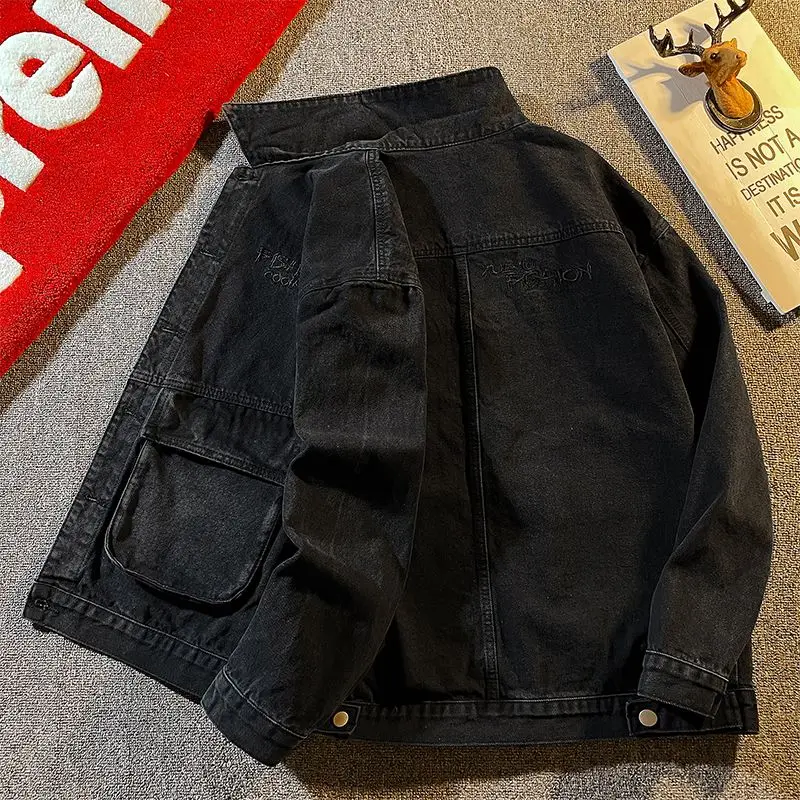 

Джинсовая куртка с тяжелой талией, мужская весенне-осенняя повседневная куртка с воротником-стойкой и вышивкой, свободная посадка, дышащая