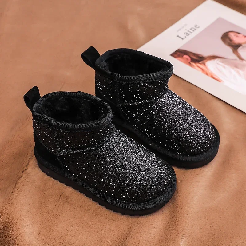 Botas de neve de algodão acolchoado infantil, bebês, meninos, crianças, quente, grosso, luxuoso, anti-escorregadio, crianças, tornozelo, ao ar livre, inverno