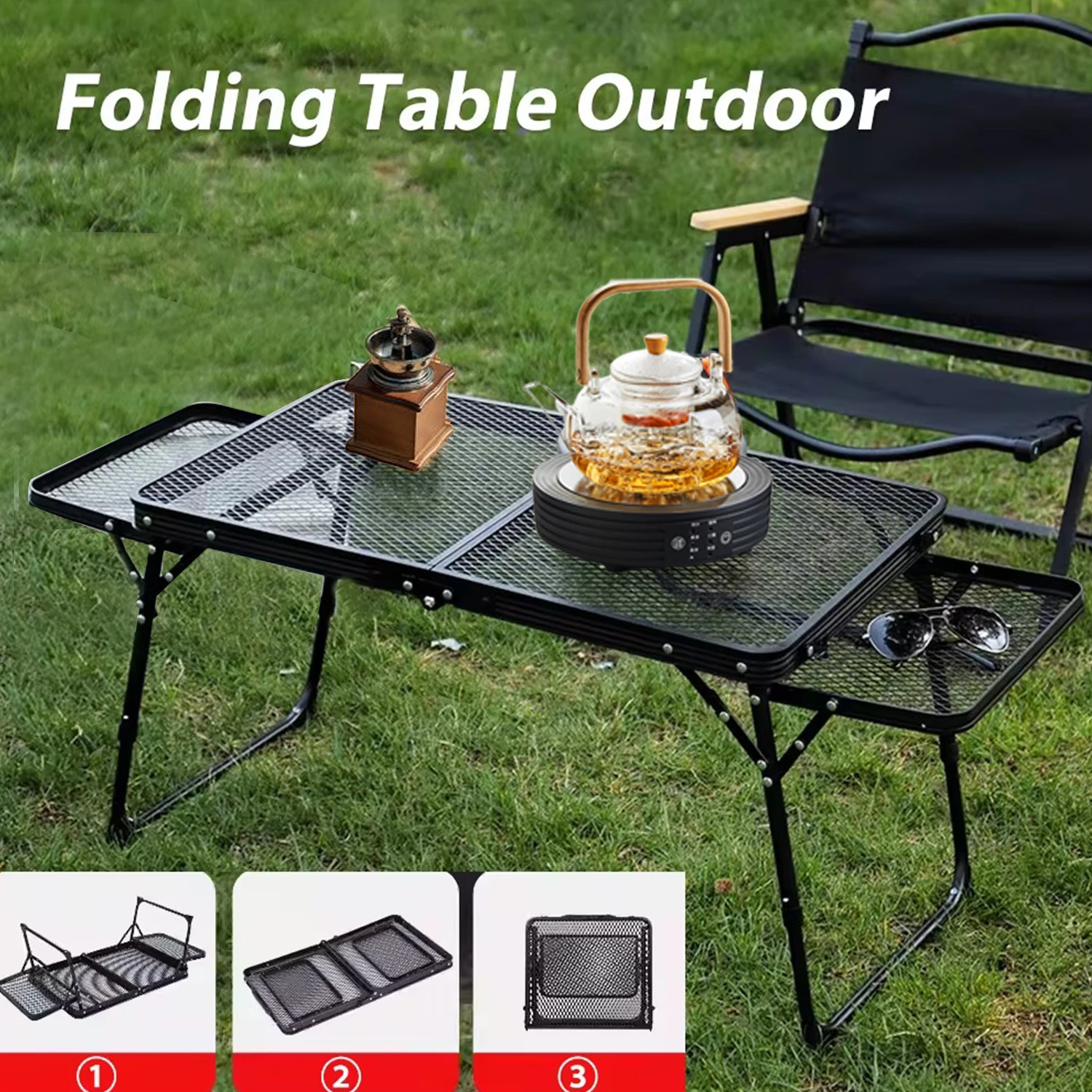 Camping Table Folding Table with Iron Mesh Liftable Picnic Table Outdoor Portable Barbecue Table with a handle Alloy Steel Table