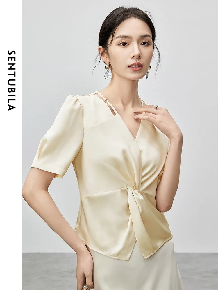 SENTUBILA Luxurious Hollow Out Blouse for Women 2024 Summer Chiffon Elegant Beading V Neck Texture Women Tops 142V54926