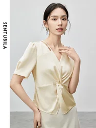 SENTUBILA Luxurious Hollow Out Blouse for Women 2024 Summer Chiffon Elegant Beading V Neck Texture Women Tops 142V54926