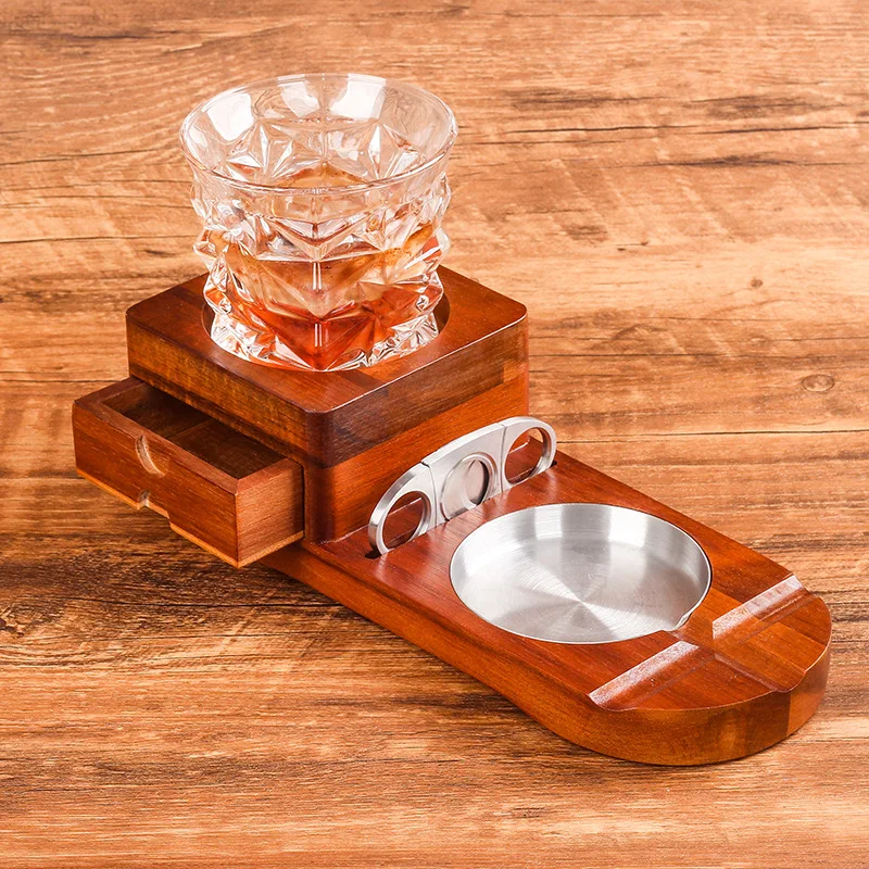 Multifunction Wooden Cigar Ashtray Solid Wood Coaster Wine Glass Tray Cigar Holder Ashtray With Cigar knife