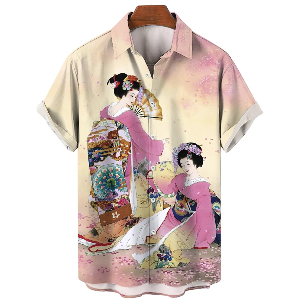 Camisa curta havaiana masculina com estampa 3D, blusa masculina, roupa casual, Yamato Geisha, Japão, moda flor, verão