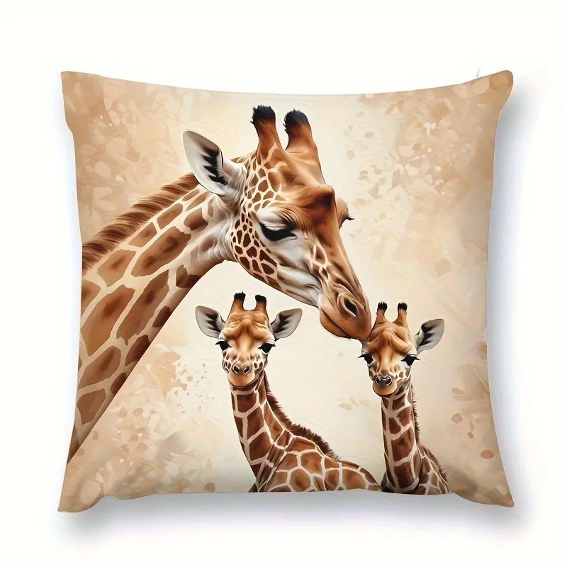 1pc Giraffe Mother and Calves Print Throw Pillow Cover,Suitable for Sofa,Bedroom,LivingRoom,Heartwarming Gift for Animal Lovers